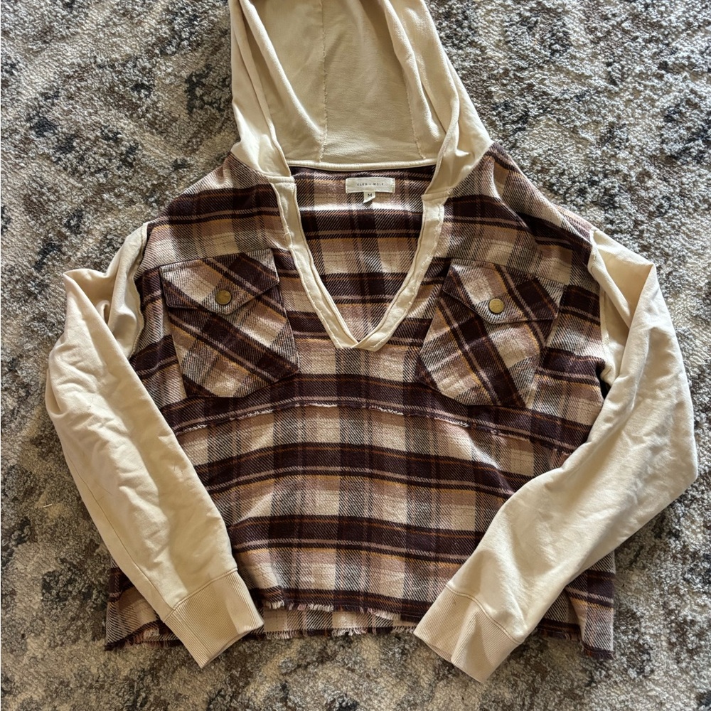 Cleo And Wolf  Plaid V-Neck Top in Cream and Brown